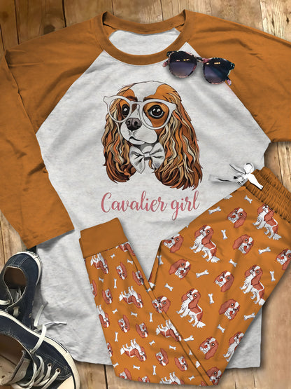 Cavalier King Charles Spaniel Cavalier Pink Awesome Pajama Set |Sleepwear Pjs Sets | Raglan Shirt Pants Set