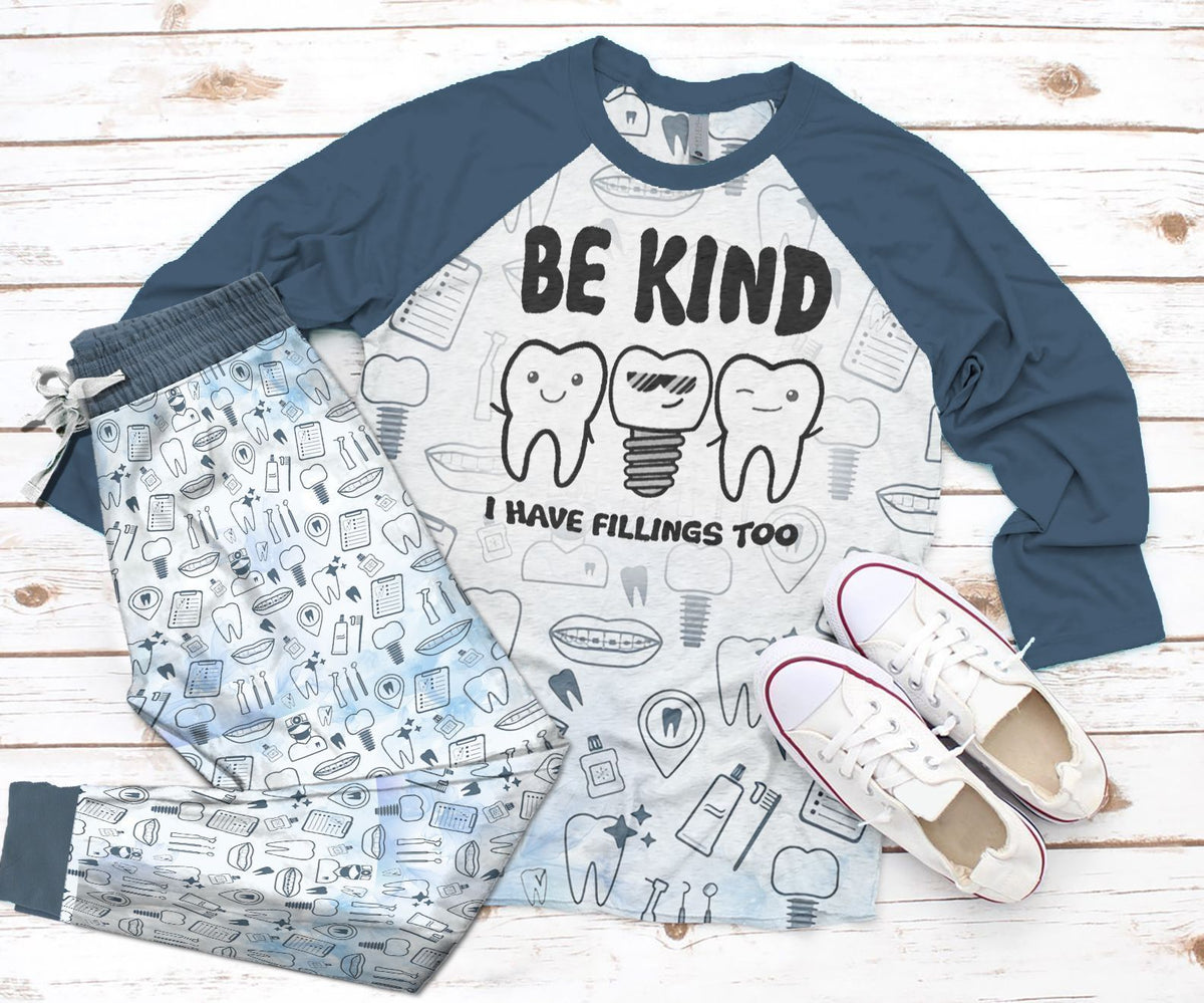 Dentist Be Kind Brown Nice Pajama Set |Sleepwear Pjs Sets | Raglan Shirt Pants Set
