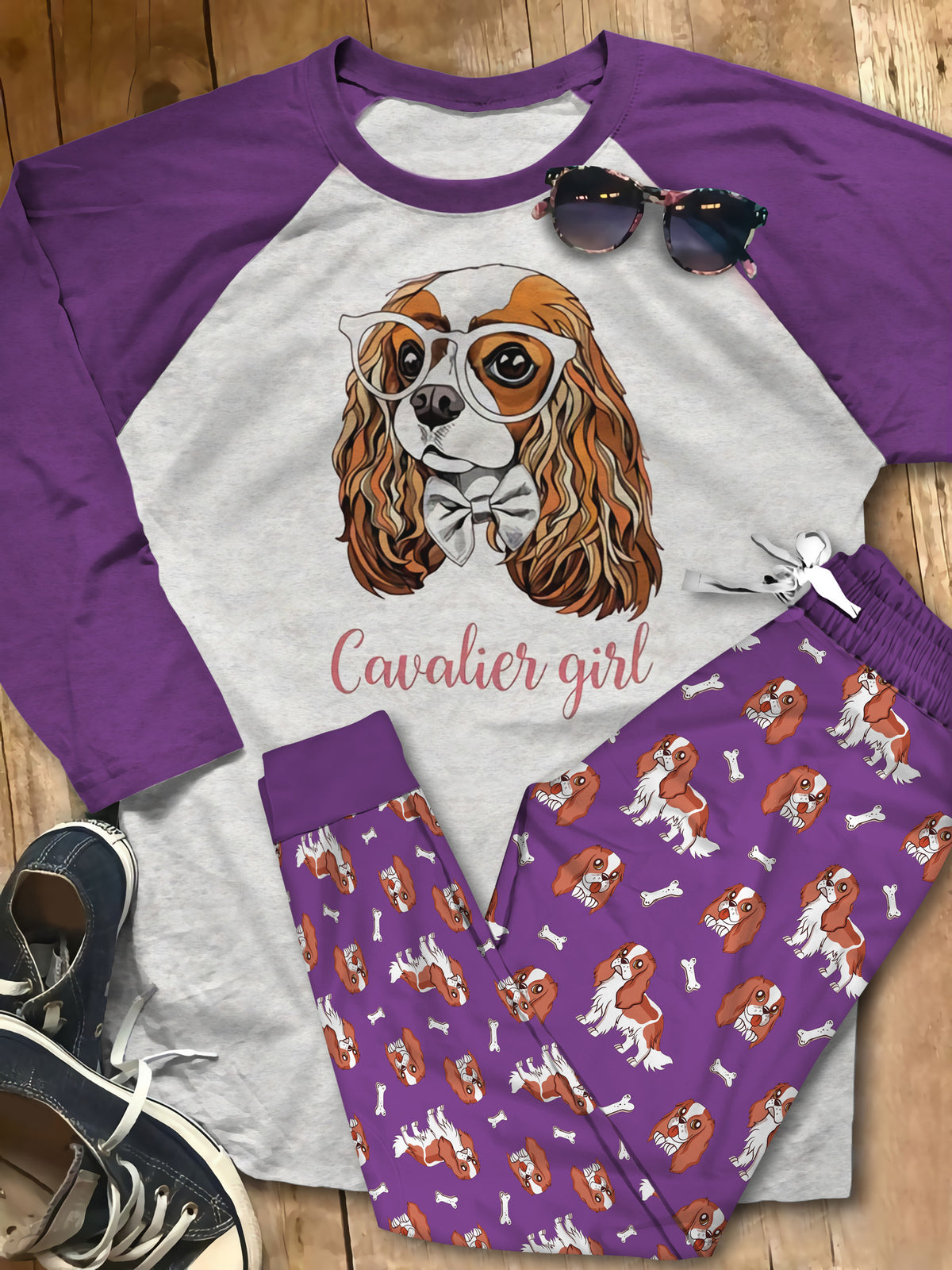Cavalier King Charles Spaniel Cavalier Pink Awesome Pajama Set |Sleepwear Pjs Sets | Raglan Shirt Pants Set