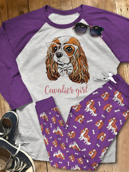 Cavalier King Charles Spaniel Cavalier Pink Awesome Pajama Set |Sleepwear Pjs Sets | Raglan Shirt Pants Set