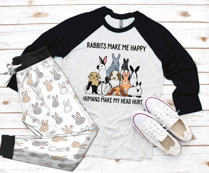 Rabbit Black Unique Pajama Set |Sleepwear Pjs Sets | Raglan Shirt Pants Set
