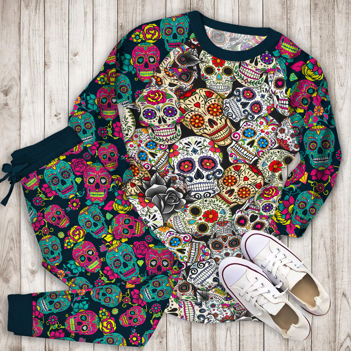 Day Of The Dead All Over Sugar Skulls Pajama Set |Sleepwear Pjs Sets | Raglan Shirt Pants Set