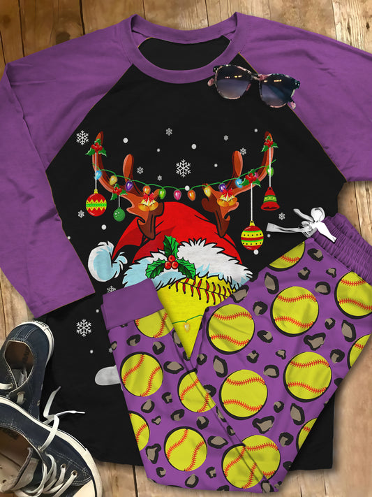Softball Reindeer Christmas Ball Pajama Set |Sleepwear Pjs Sets | Raglan Shirt Pants Set