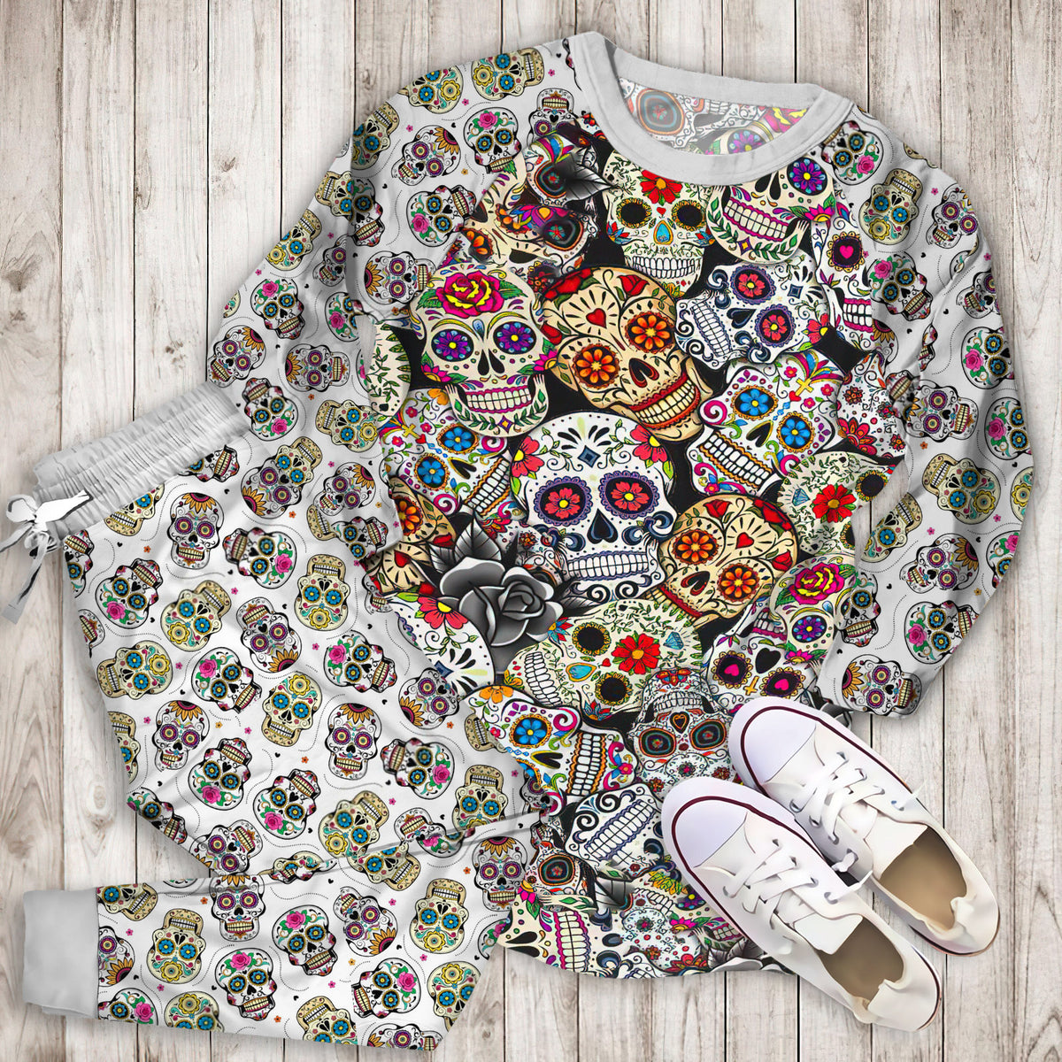 Day Of The Dead All Over Sugar Skulls Pajama Set |Sleepwear Pjs Sets | Raglan Shirt Pants Set