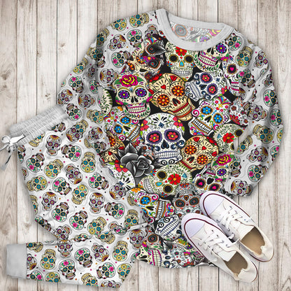 Day Of The Dead All Over Sugar Skulls Pajama Set |Sleepwear Pjs Sets | Raglan Shirt Pants Set