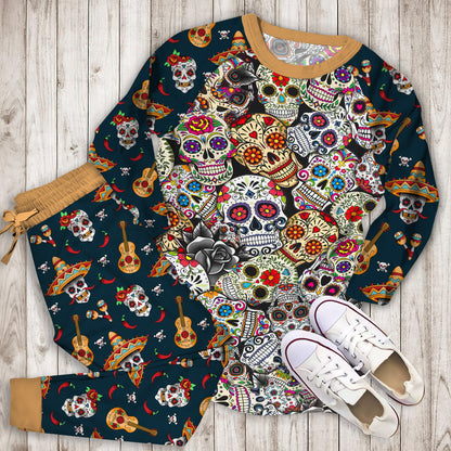 Day Of The Dead All Over Sugar Skulls Pajama Set |Sleepwear Pjs Sets | Raglan Shirt Pants Set