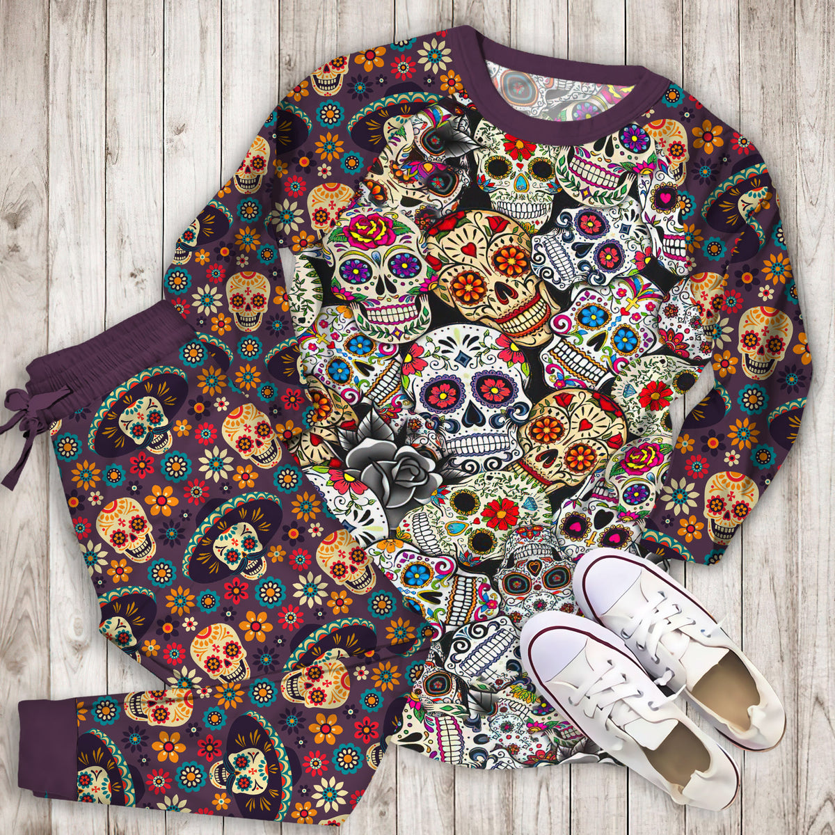 Day Of The Dead All Over Sugar Skulls Pajama Set |Sleepwear Pjs Sets | Raglan Shirt Pants Set