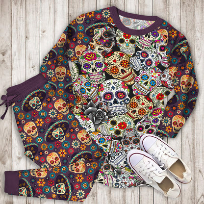 Day Of The Dead All Over Sugar Skulls Pajama Set |Sleepwear Pjs Sets | Raglan Shirt Pants Set