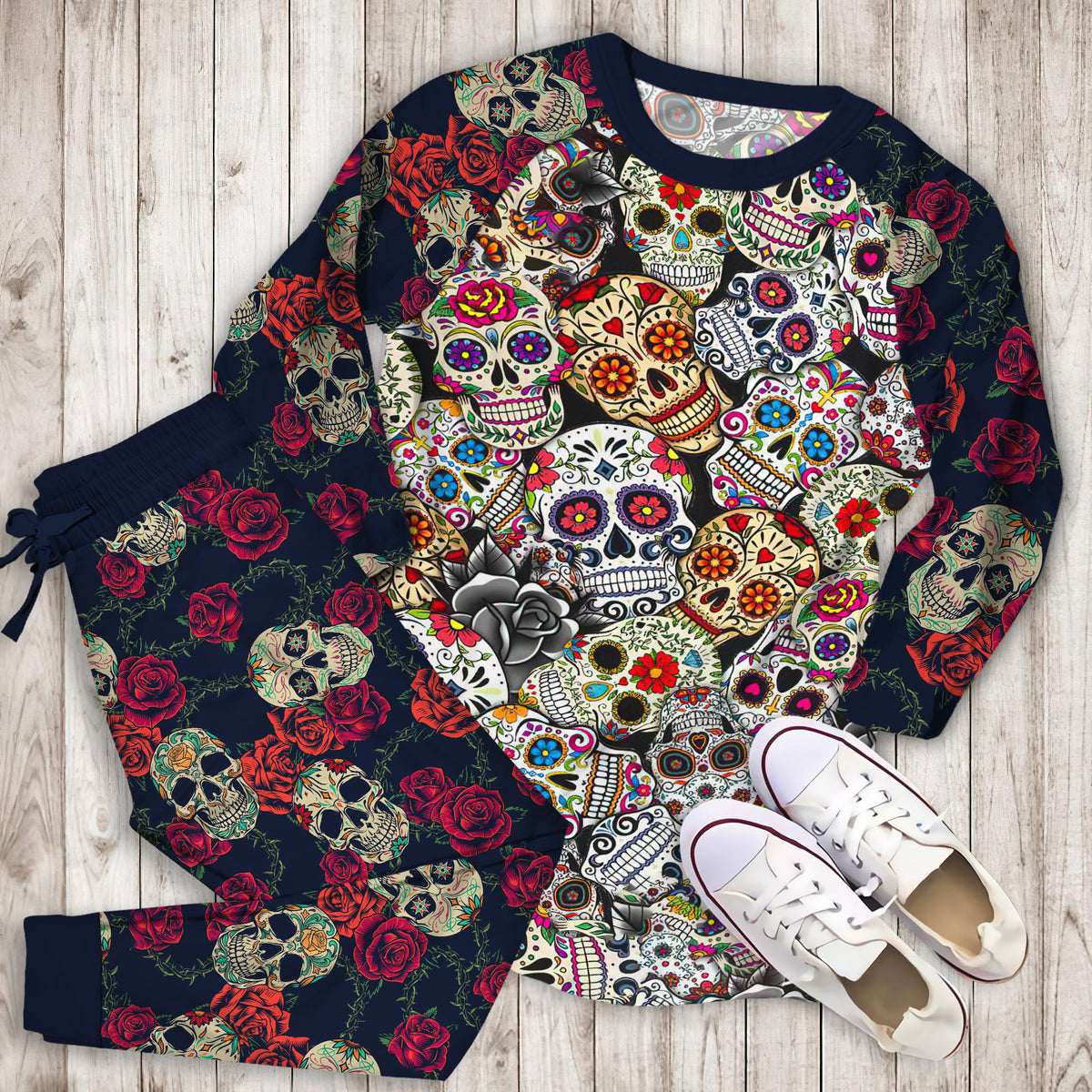 Day Of The Dead All Over Sugar Skulls Pajama Set |Sleepwear Pjs Sets | Raglan Shirt Pants Set