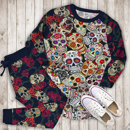 Day Of The Dead All Over Sugar Skulls Pajama Set |Sleepwear Pjs Sets | Raglan Shirt Pants Set