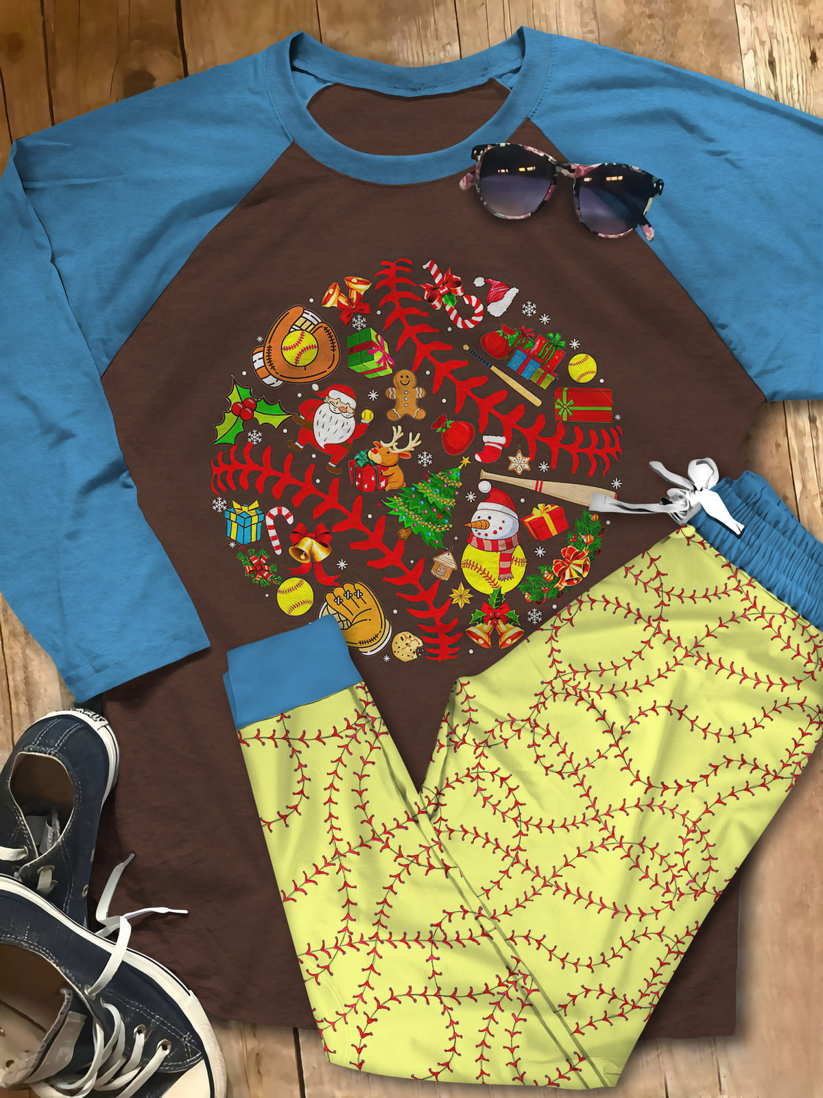 Softball Shape Christmast Gift Pajama Set |Sleepwear Pjs Sets | Raglan Shirt Pants Set
