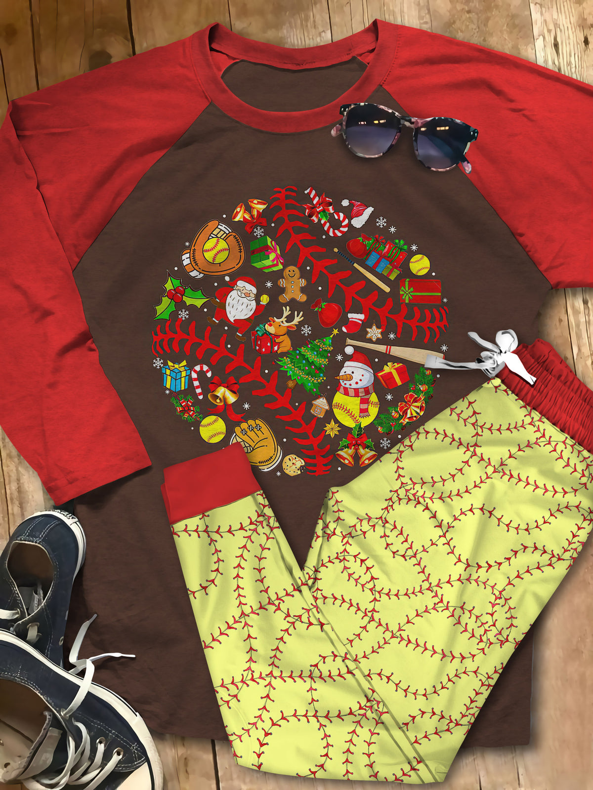 Softball Shape Christmast Gift Pajama Set |Sleepwear Pjs Sets | Raglan Shirt Pants Set