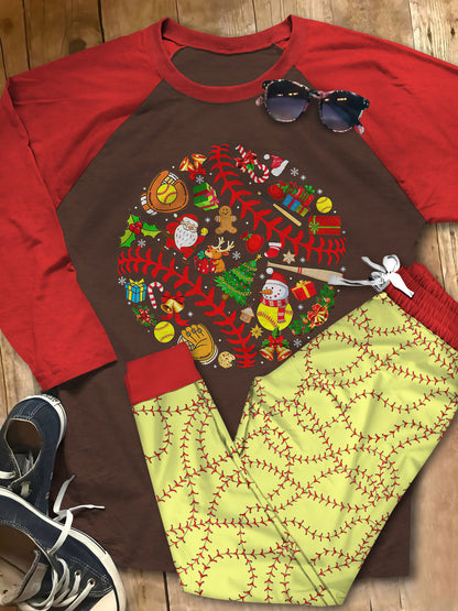 Softball Shape Christmast Gift Pajama Set |Sleepwear Pjs Sets | Raglan Shirt Pants Set