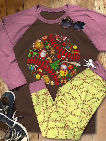 Softball Shape Christmast Gift Pajama Set |Sleepwear Pjs Sets | Raglan Shirt Pants Set