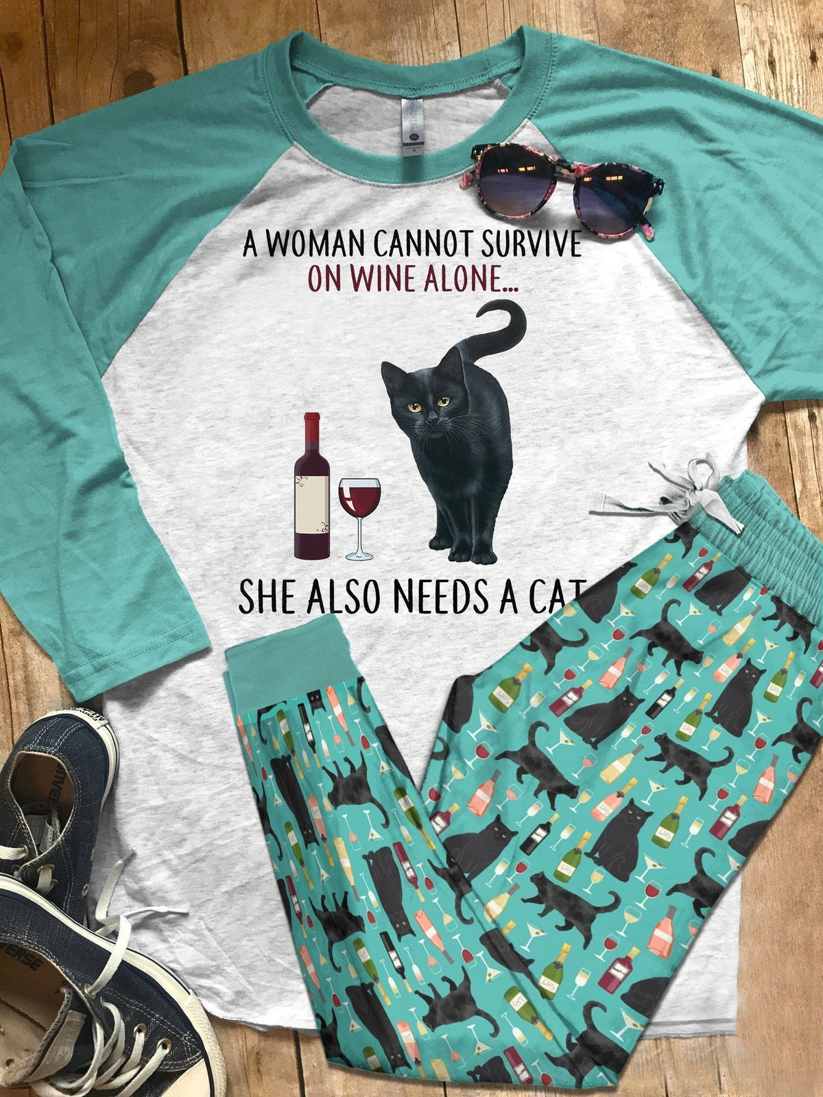 Black Cat Wine Pajama Set |Sleepwear Pjs Sets | Raglan Shirt Pants Set