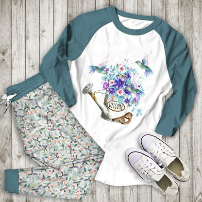 Humming Bird Hello Humming Bird Garden Aau Pajama Set |Sleepwear Pjs Sets | Raglan Shirt Pants Set