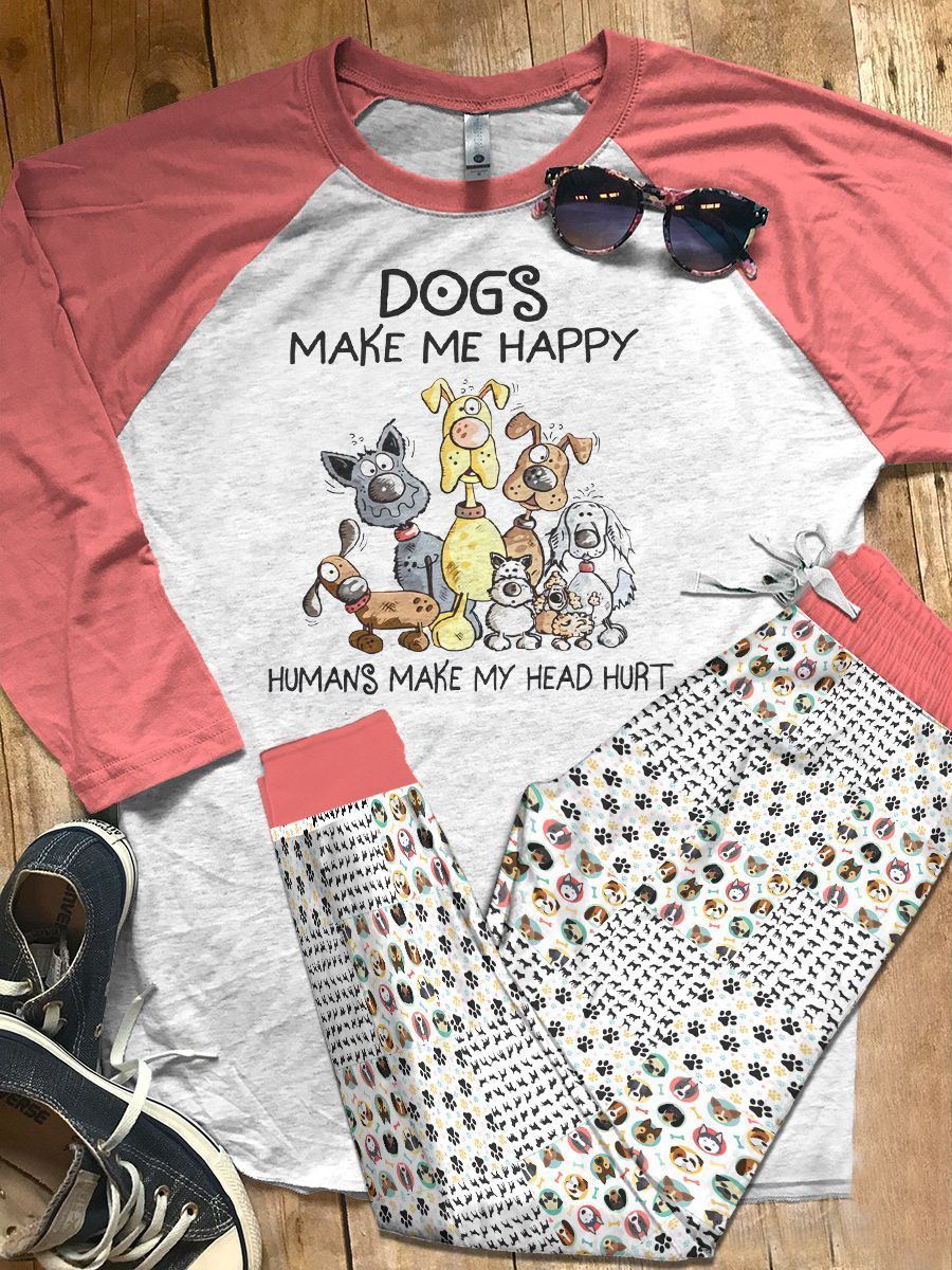 Dog Set Dogs Make Me Happy Variants Pajama Set |Sleepwear Pjs Sets | Raglan Shirt Pants Set