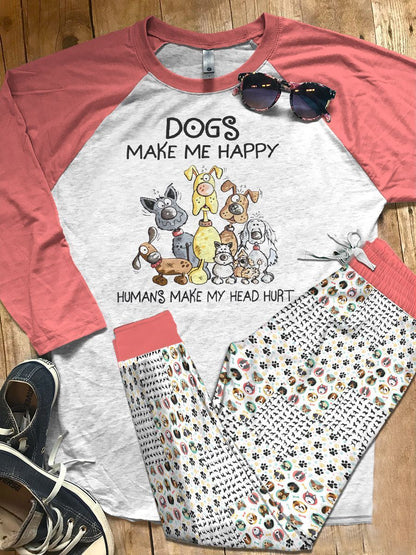 Dog Set Dogs Make Me Happy Variants Pajama Set |Sleepwear Pjs Sets | Raglan Shirt Pants Set