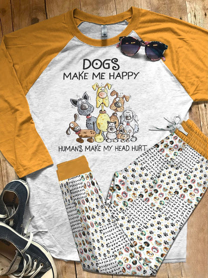 Dog Set Dogs Make Me Happy Variants Pajama Set |Sleepwear Pjs Sets | Raglan Shirt Pants Set