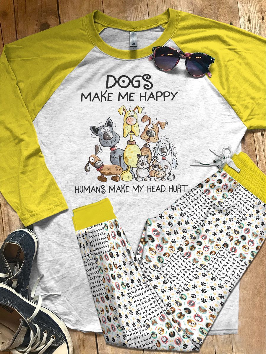 Dog Set Dogs Make Me Happy Variants Pajama Set |Sleepwear Pjs Sets | Raglan Shirt Pants Set