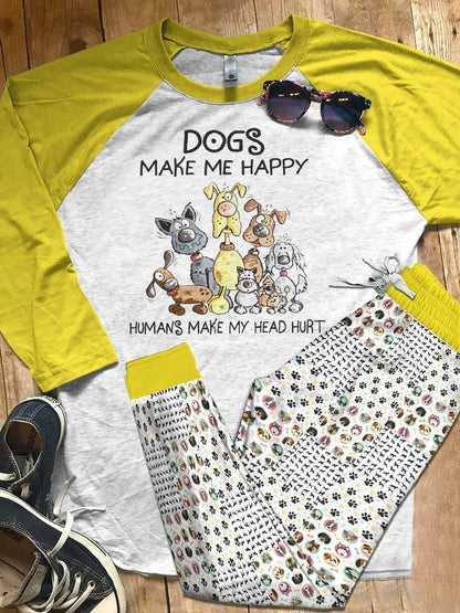 Dog Set Dogs Make Me Happy Variants Pajama Set |Sleepwear Pjs Sets | Raglan Shirt Pants Set