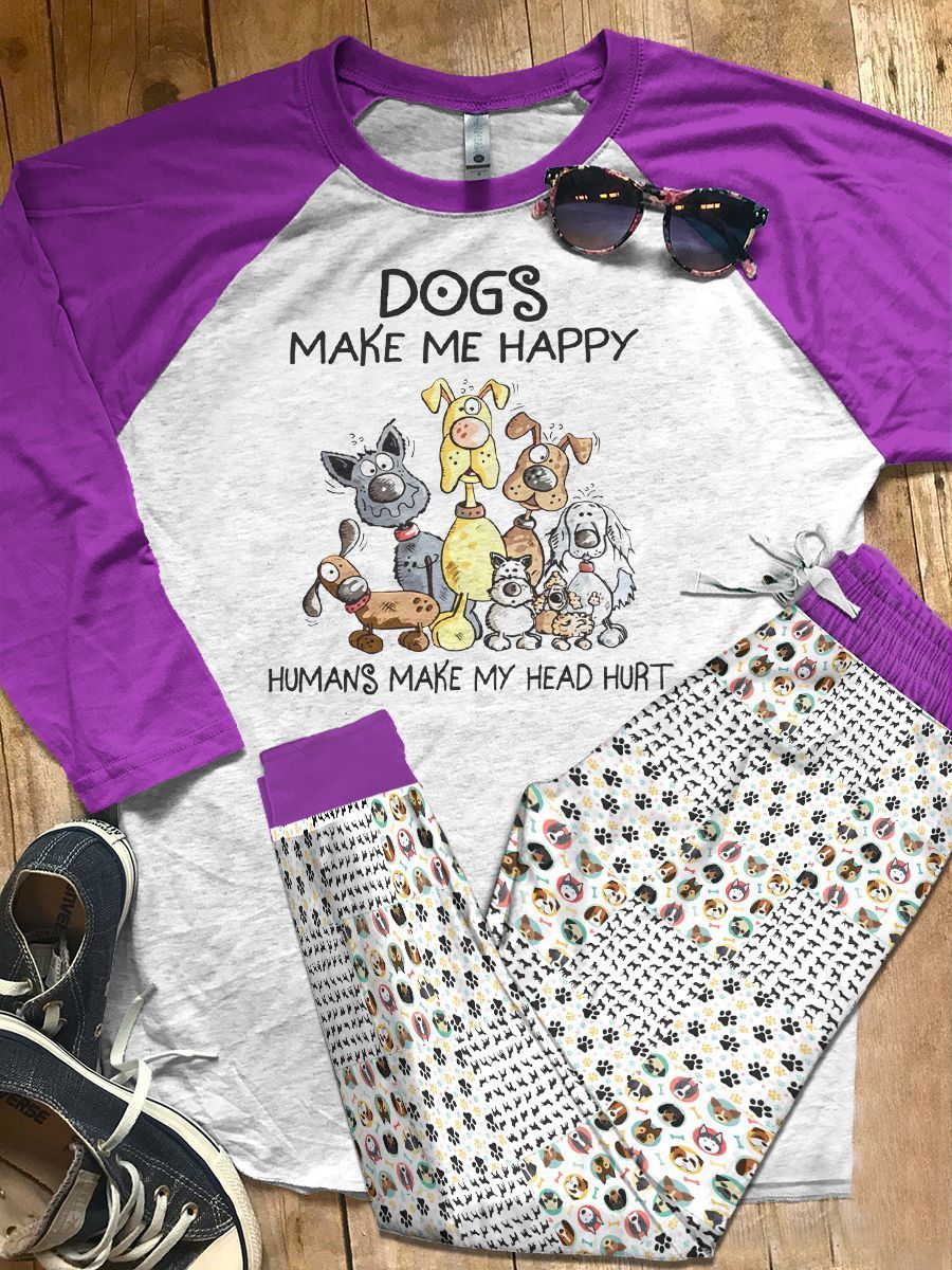 Dog Set Dogs Make Me Happy Variants Pajama Set |Sleepwear Pjs Sets | Raglan Shirt Pants Set