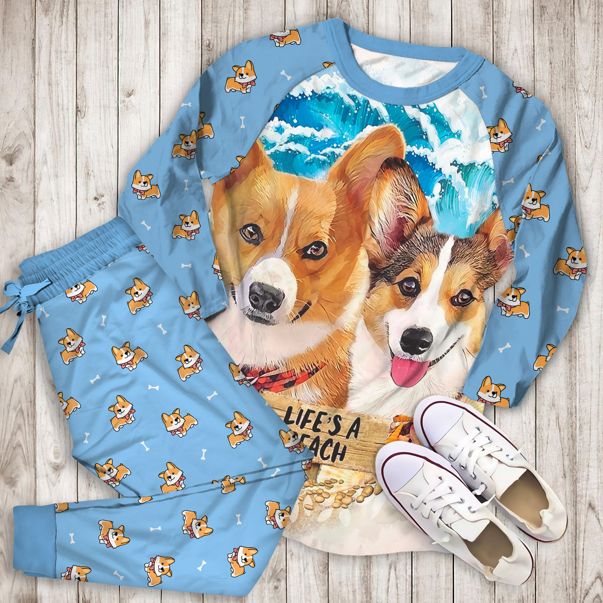 Corgi Beach Pajama Set |Sleepwear Pjs Sets | Raglan Shirt Pants Set