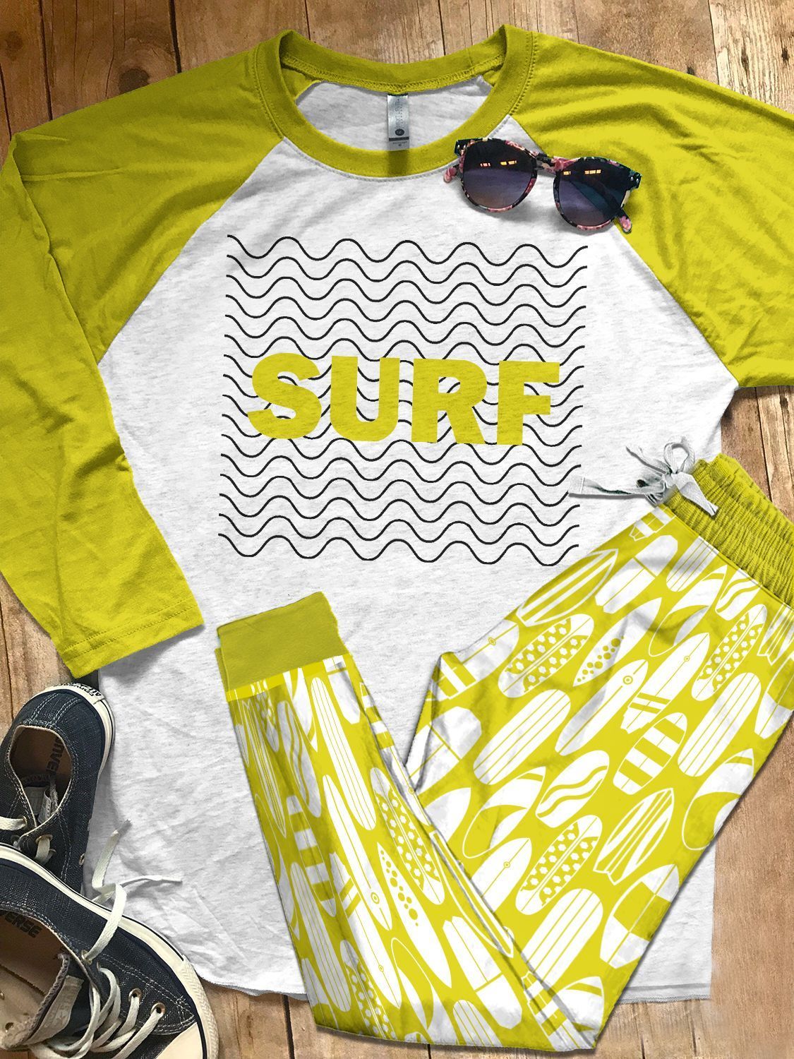 Surfing Set Colors Surf White Ver Pajama Set |Sleepwear Pjs Sets | Raglan Shirt Pants Set