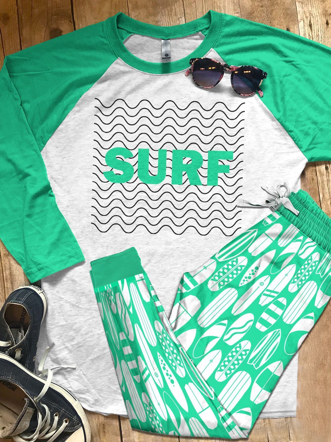 Surfing Set Colors Surf White Ver Pajama Set |Sleepwear Pjs Sets | Raglan Shirt Pants Set