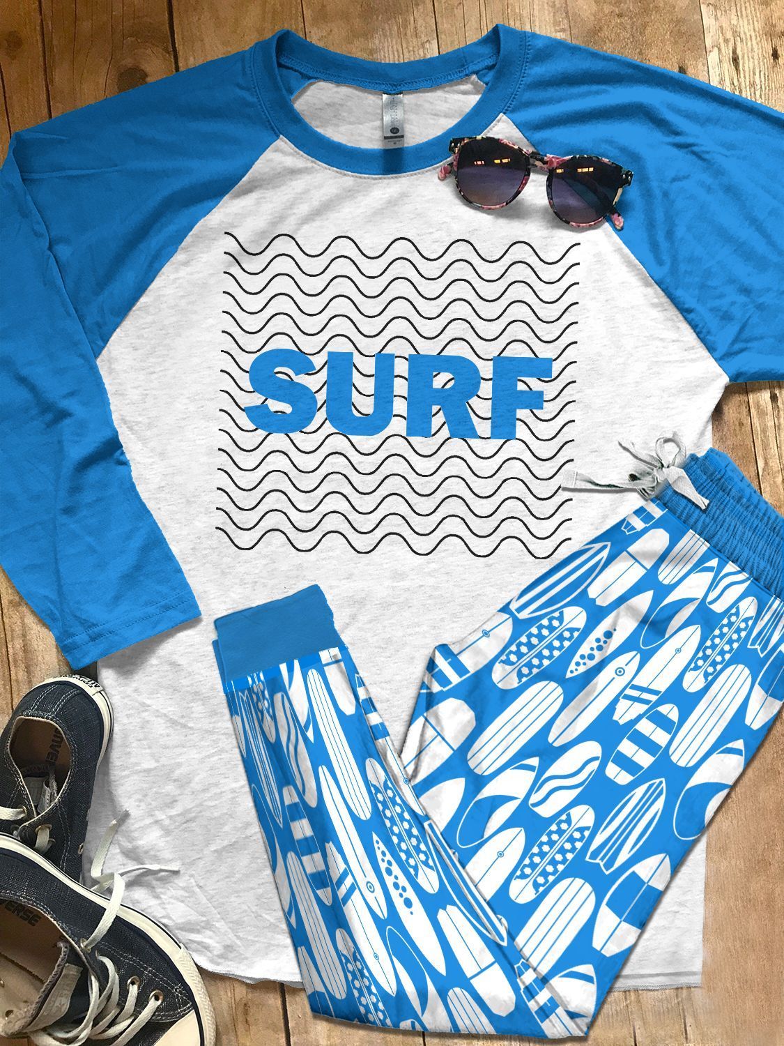 Surfing Set Colors Surf White Ver Pajama Set |Sleepwear Pjs Sets | Raglan Shirt Pants Set