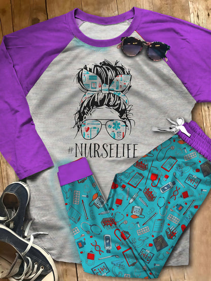 Nurse Set Healthcare Life Pajama Set |Sleepwear Pjs Sets | Raglan Shirt Pants Set