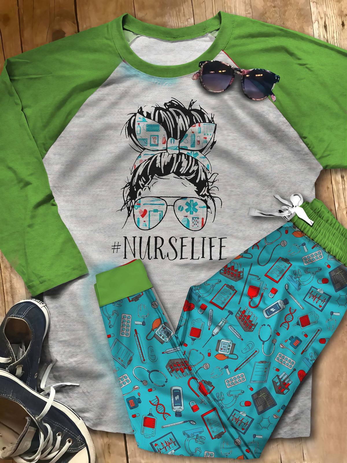 Nurse Set Healthcare Life Pajama Set |Sleepwear Pjs Sets | Raglan Shirt Pants Set