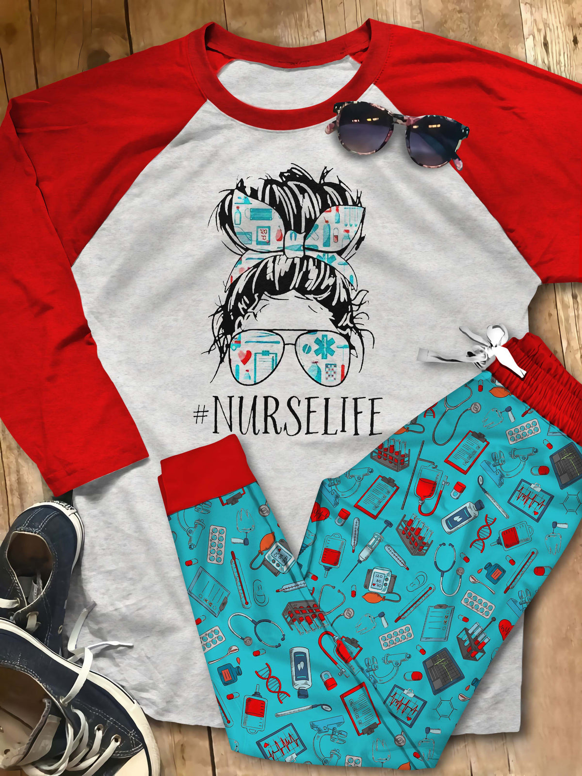 Nurse Set Healthcare Life Pajama Set |Sleepwear Pjs Sets | Raglan Shirt Pants Set