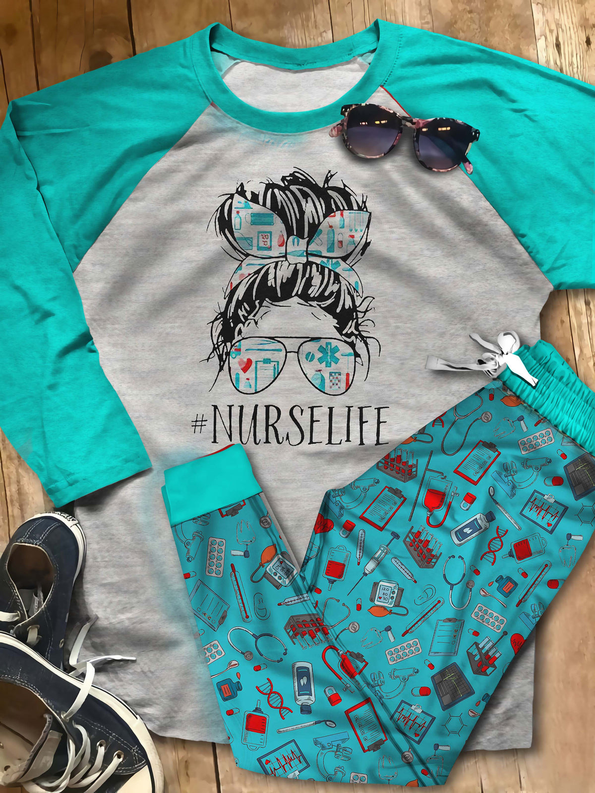 Nurse Set Healthcare Life Pajama Set |Sleepwear Pjs Sets | Raglan Shirt Pants Set