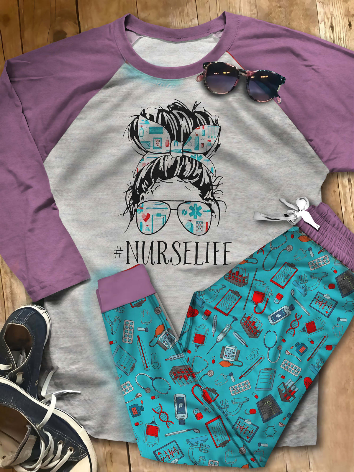 Nurse Set Healthcare Life Pajama Set |Sleepwear Pjs Sets | Raglan Shirt Pants Set