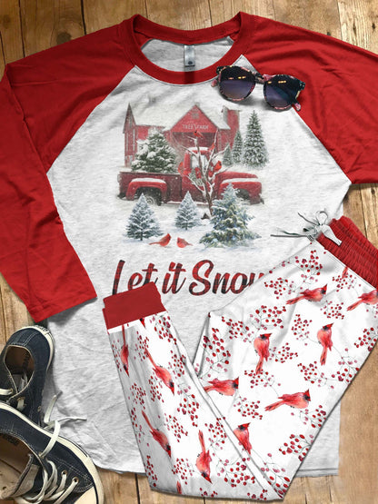 Cardinal Let It Snow Pajama Set |Sleepwear Pjs Sets | Raglan Shirt Pants Set