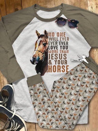 Horse No One Brown Unique Pajama Set |Sleepwear Pjs Sets | Raglan Shirt Pants Set