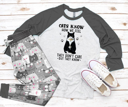Cat Grey Nice Pajama Set |Sleepwear Pjs Sets | Raglan Shirt Pants Set