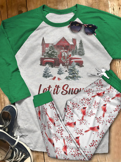 Cardinal Let It Snow Pajama Set |Sleepwear Pjs Sets | Raglan Shirt Pants Set