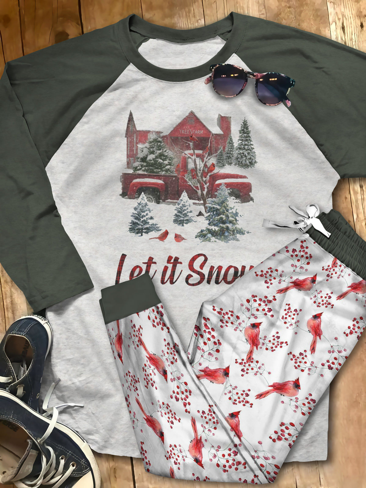 Cardinal Let It Snow Pajama Set |Sleepwear Pjs Sets | Raglan Shirt Pants Set
