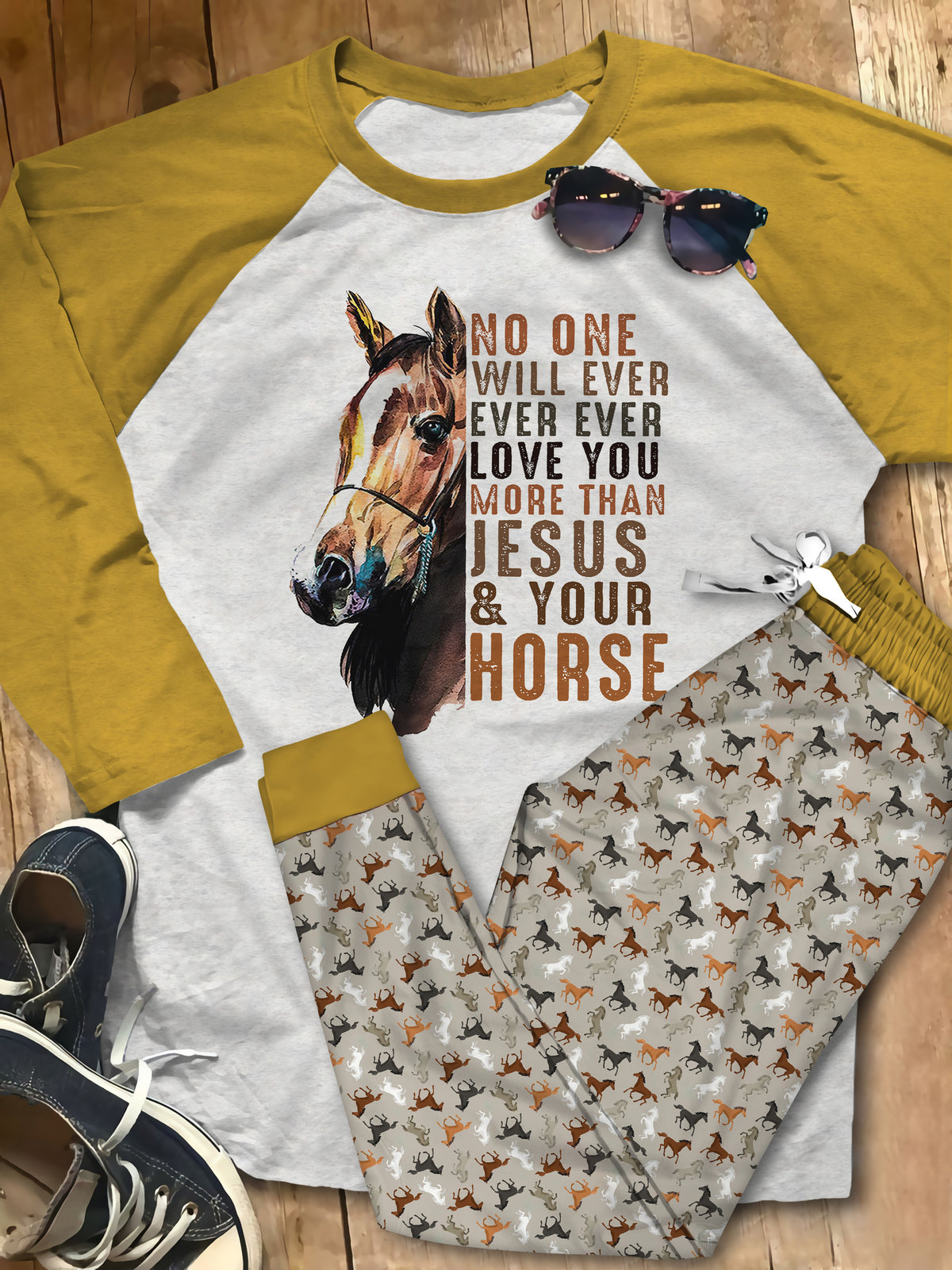 Horse No One Brown Unique Pajama Set |Sleepwear Pjs Sets | Raglan Shirt Pants Set
