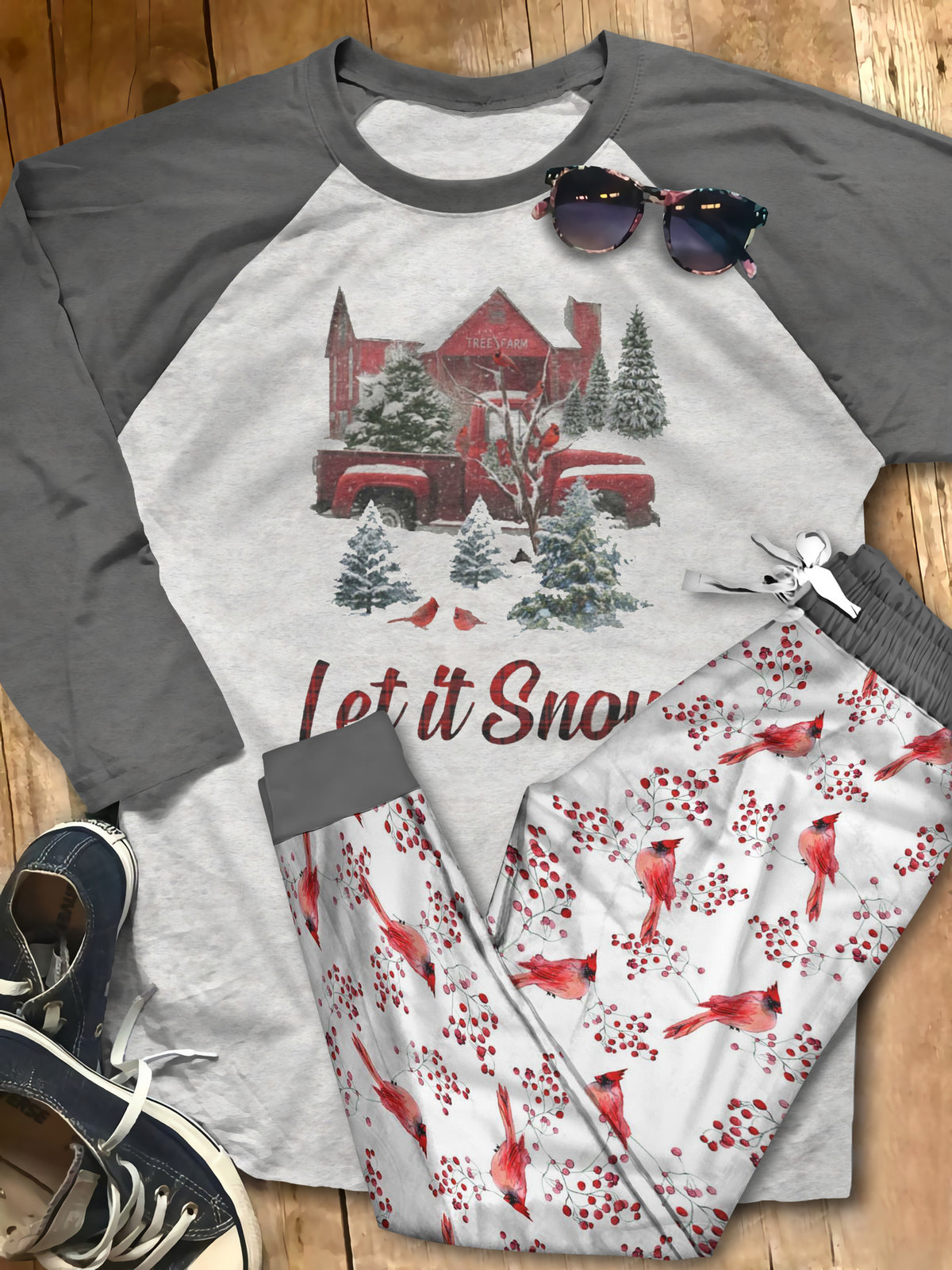 Cardinal Let It Snow Pajama Set |Sleepwear Pjs Sets | Raglan Shirt Pants Set