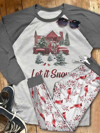 Cardinal Let It Snow Pajama Set |Sleepwear Pjs Sets | Raglan Shirt Pants Set