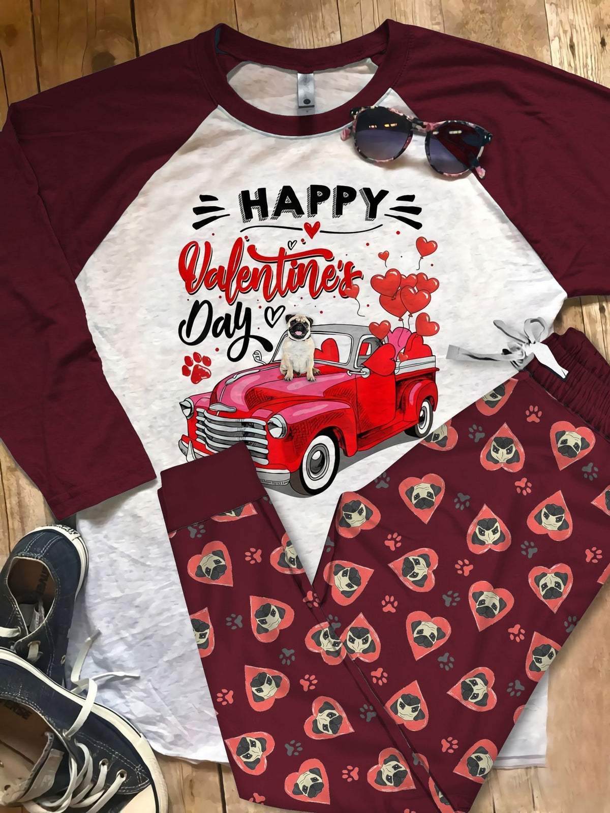 Pug Happy Valentine Day Pajama Set |Sleepwear Pjs Sets | Raglan Shirt Pants Set