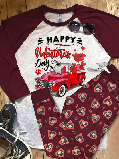 Pug Happy Valentine Day Pajama Set |Sleepwear Pjs Sets | Raglan Shirt Pants Set