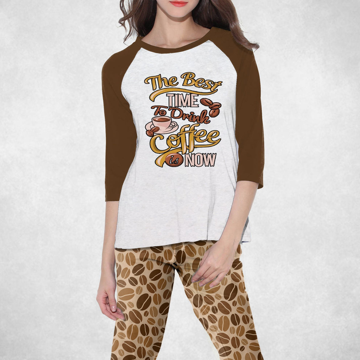 Coffee Brown Nice Pajama Set |Sleepwear Pjs Sets | Raglan Shirt Pants Set