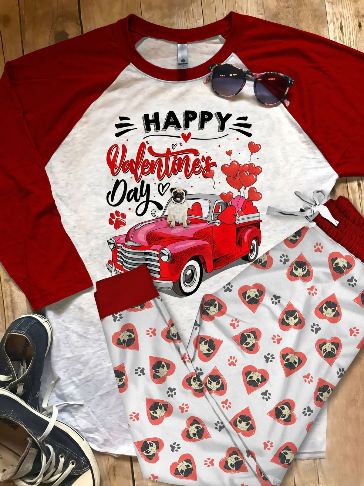 Pug Happy Valentine Day Pajama Set |Sleepwear Pjs Sets | Raglan Shirt Pants Set