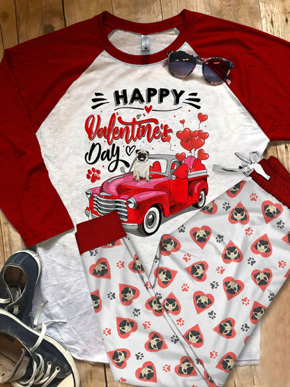 Pug Happy Valentine Day Pajama Set |Sleepwear Pjs Sets | Raglan Shirt Pants Set