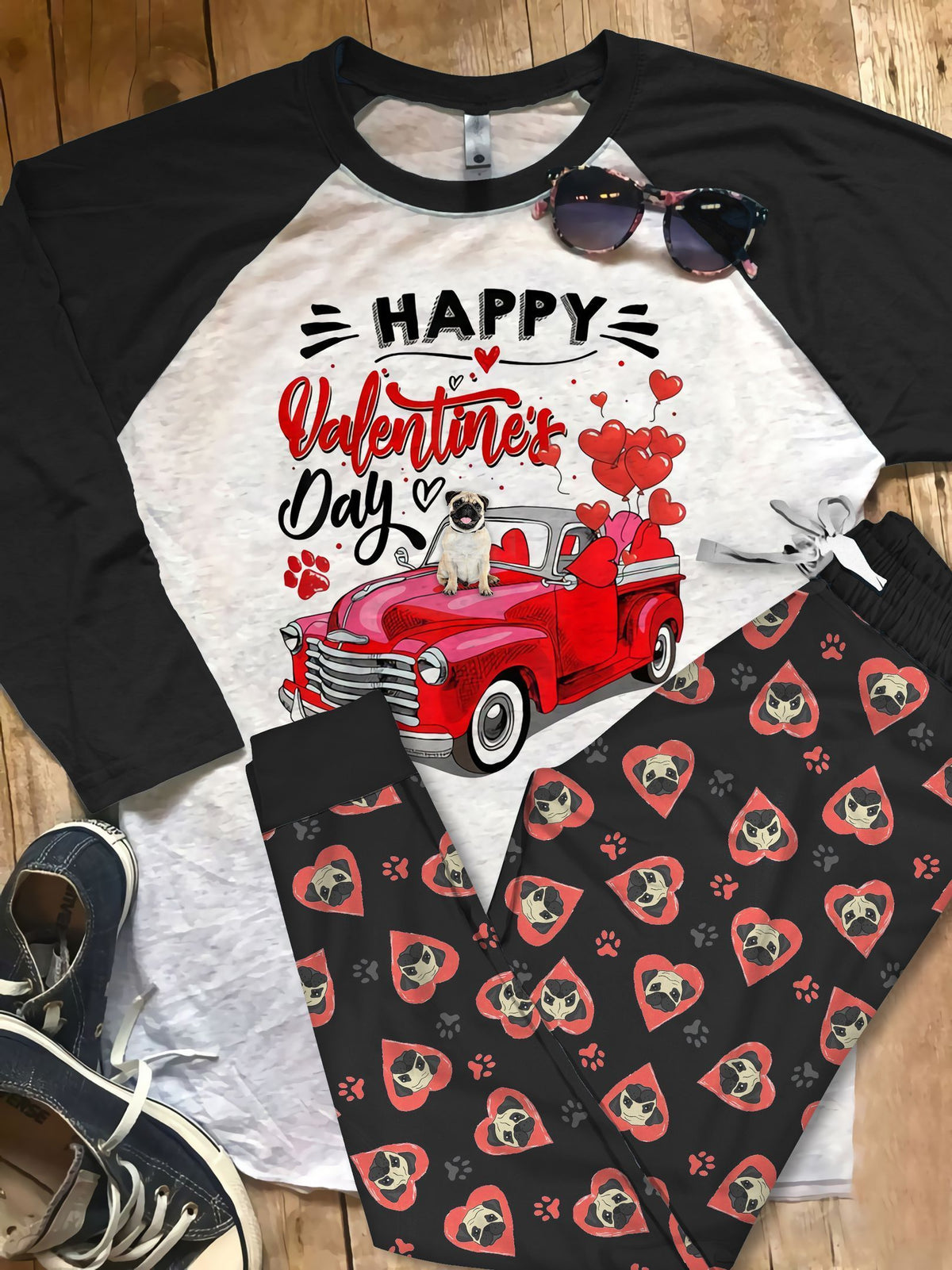 Pug Happy Valentine Day Pajama Set |Sleepwear Pjs Sets | Raglan Shirt Pants Set