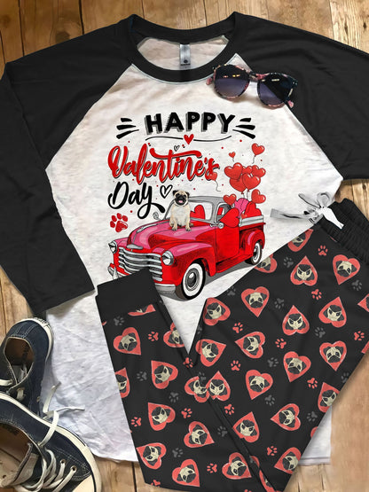 Pug Happy Valentine Day Pajama Set |Sleepwear Pjs Sets | Raglan Shirt Pants Set
